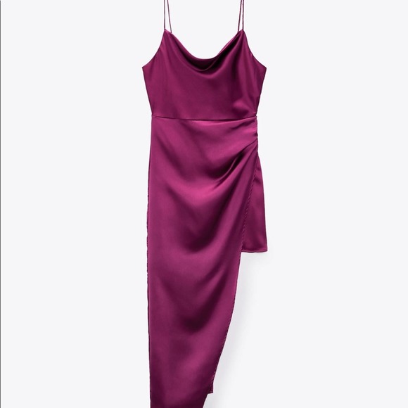 NWT ZARA MAGENTA SATIN EFFECT ASYMMETRIC DRESS - Picture 2 of 3